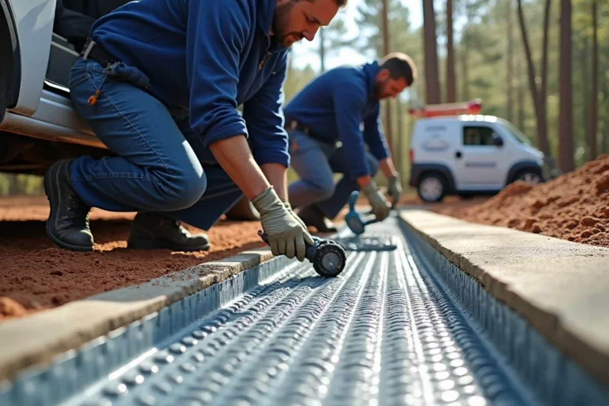 Installing dimpled air-gap drainage underlayment over cool basement concrete floor in Atlanta