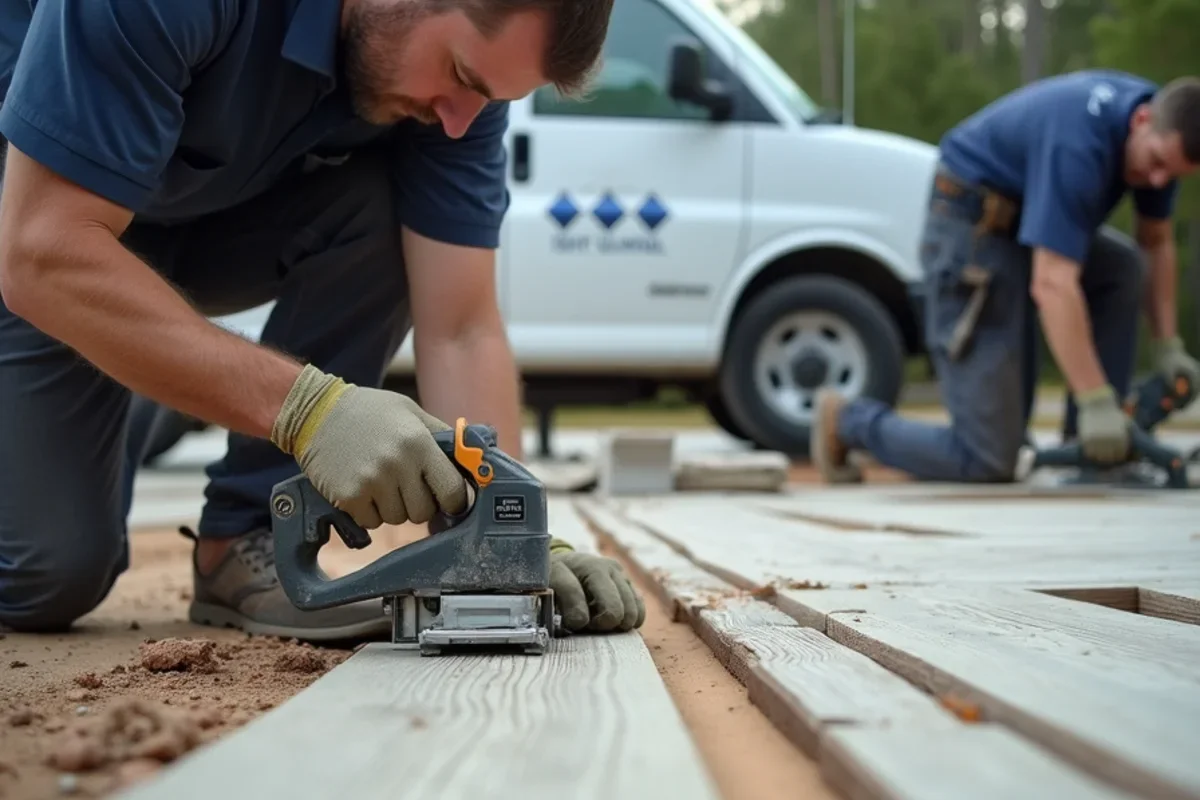 Precision toe-kick saw cutting perimeter expansion gap along baseboard in Atlanta