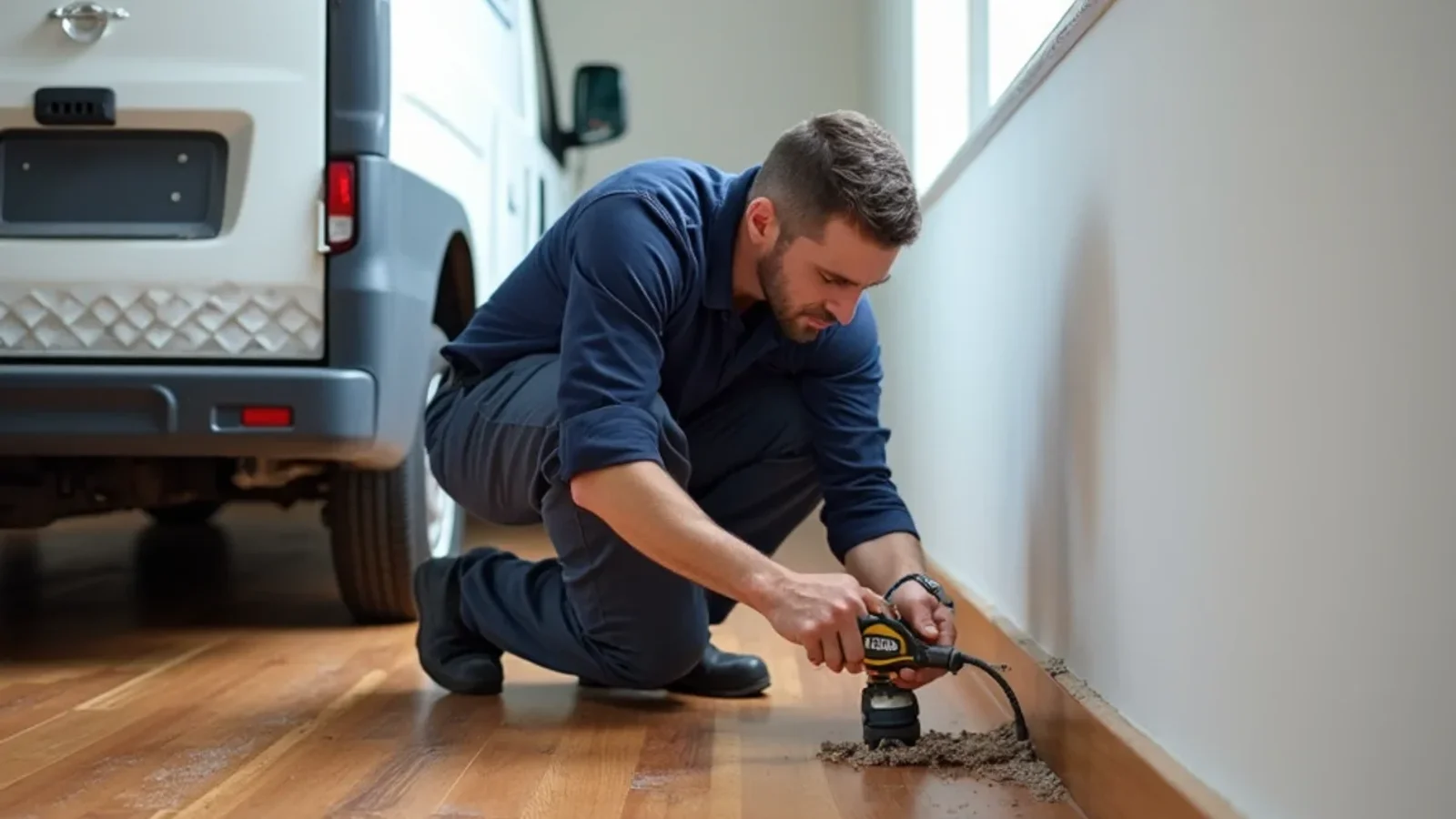 Technician measuring moisture in buckled hardwood floors after appliance leak in Atlanta