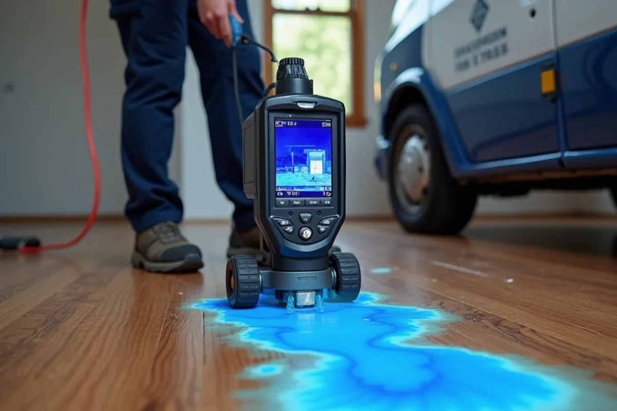Infrared thermal imaging camera displaying blue cold moisture boundary under oak floor