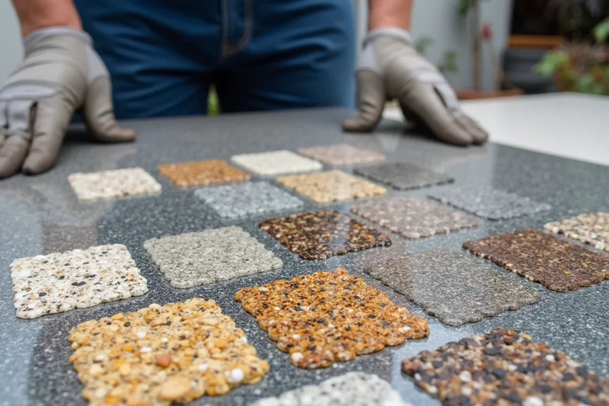 Selection of decorative flake blends and clear topcoat samples for Atlanta garage floors