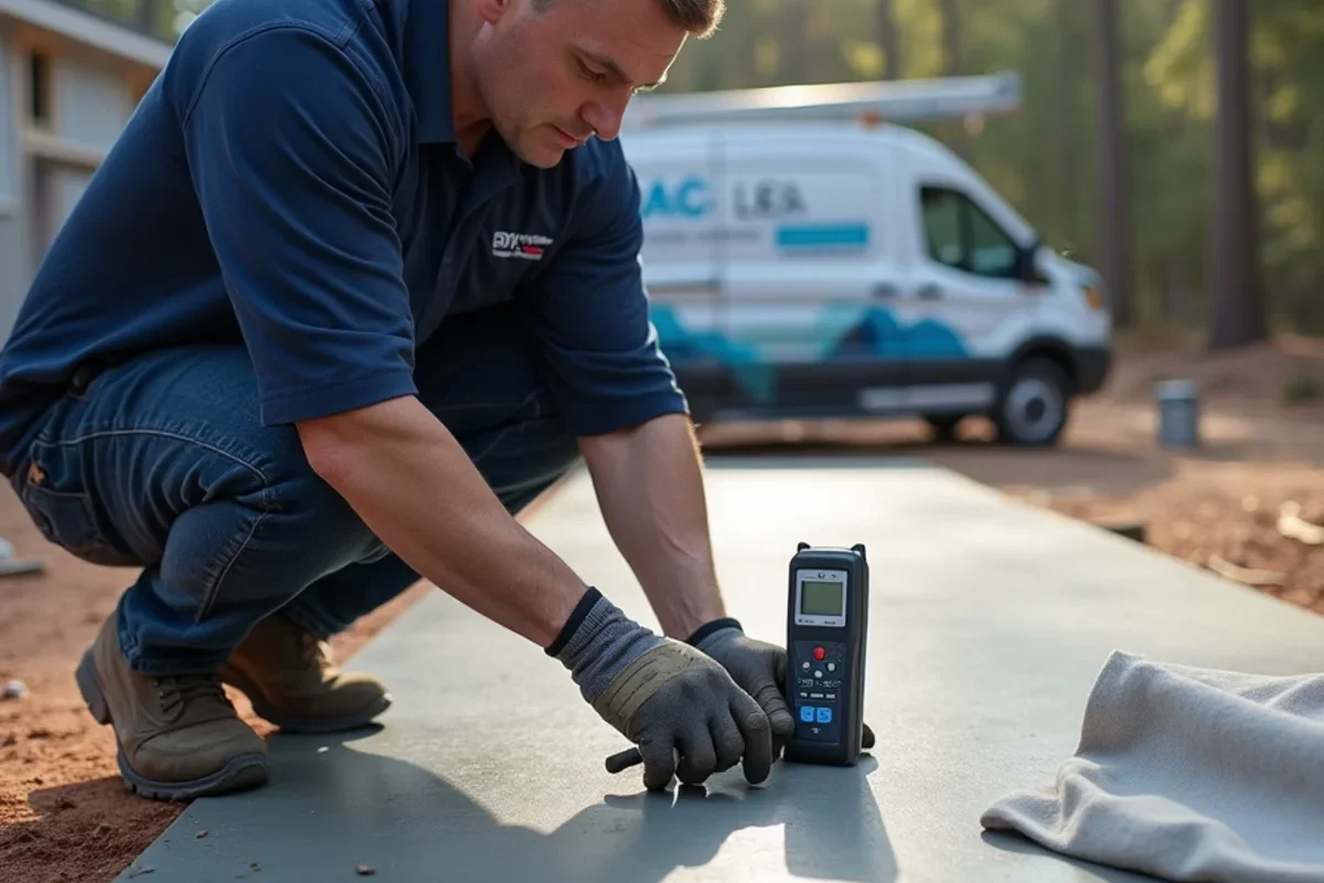 Professional installer demonstrating calibrated digital concrete slab moisture testing