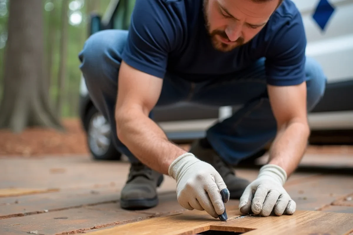 Using a depth gauge in a floor vent hole to measure remaining sandable wood