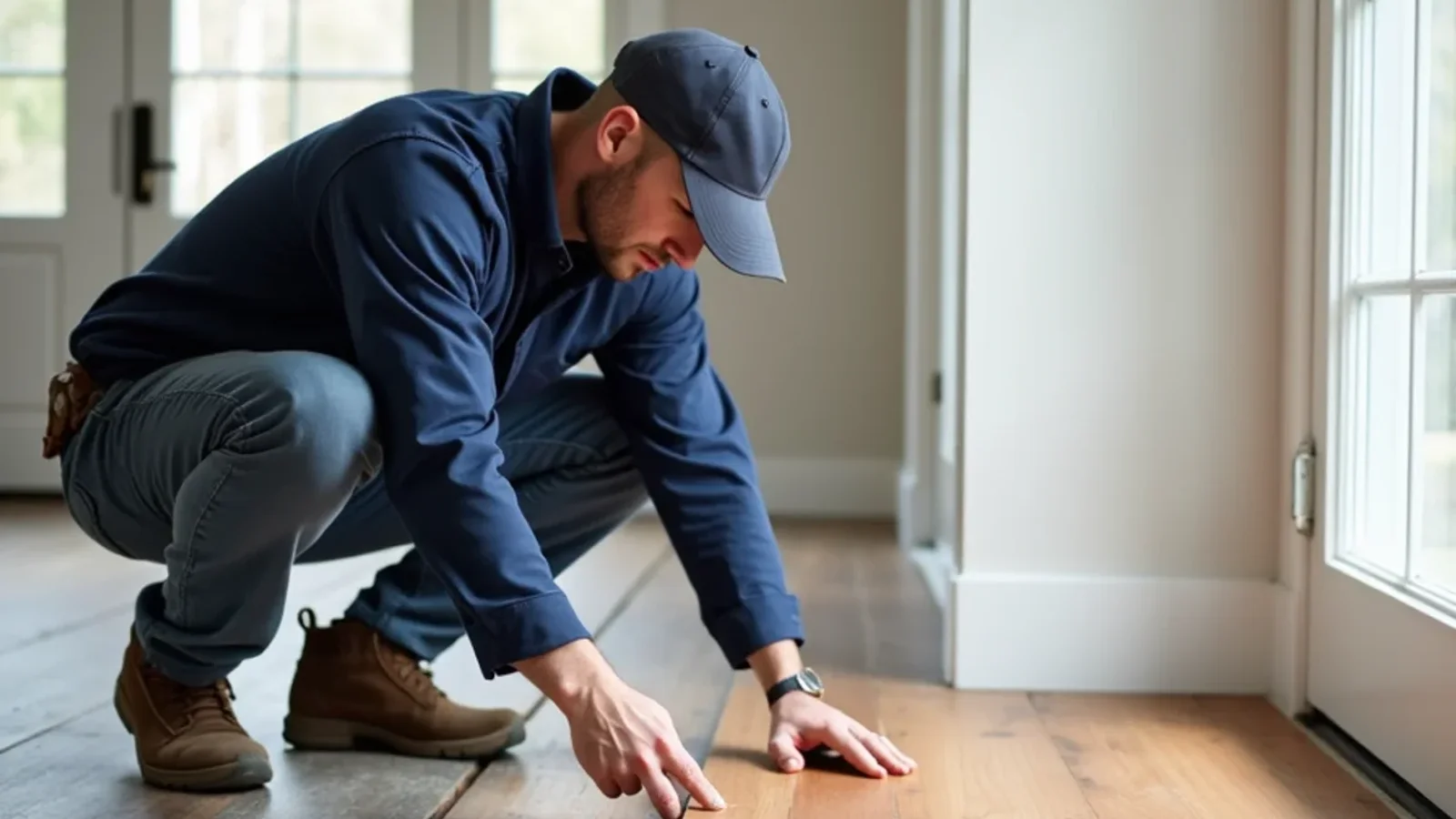 Flooring contractor evaluating hardwood floor wear layer thickness in an Atlanta home