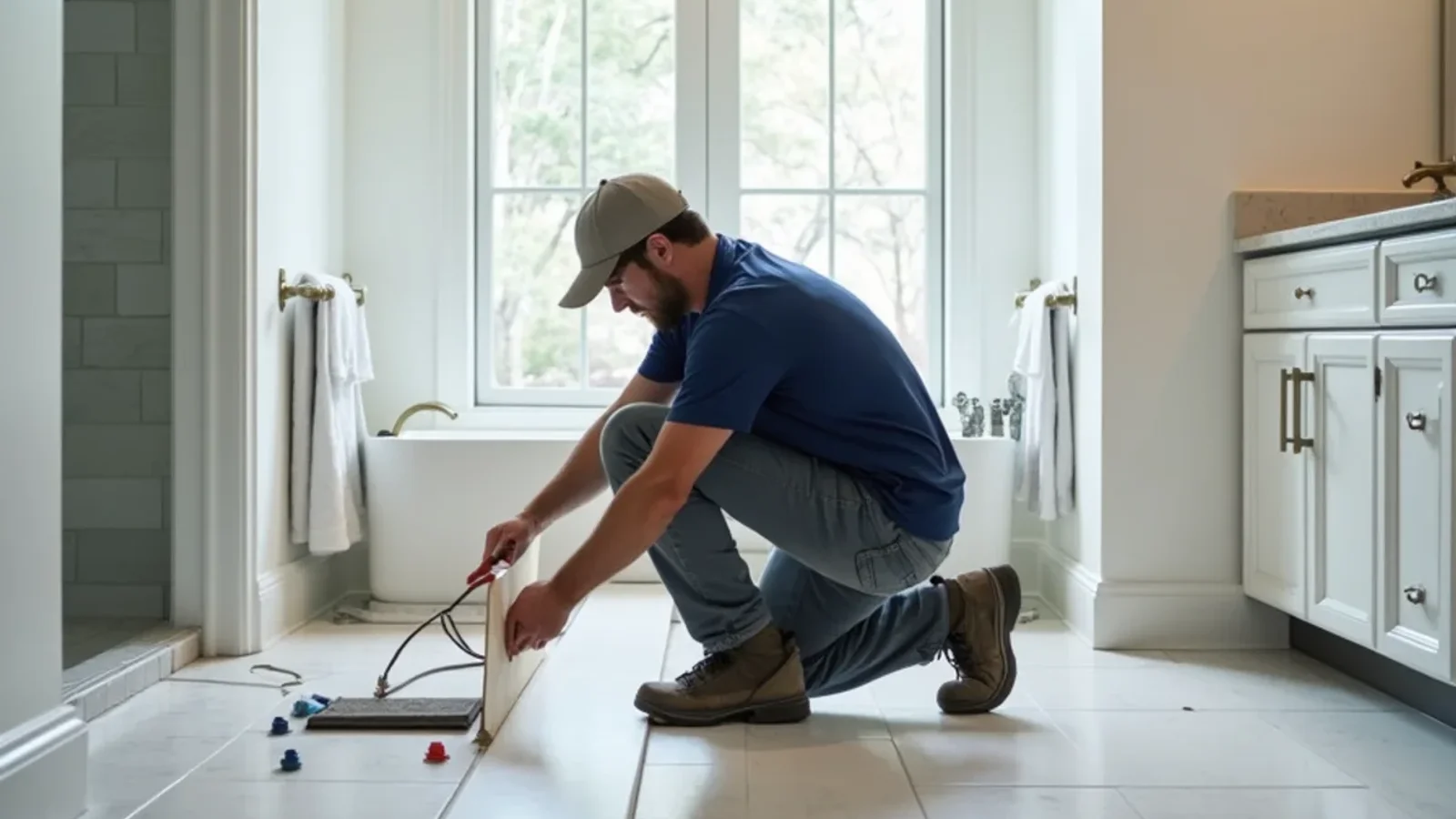 Tile contractor laying porcelain tile floor in an Atlanta master bathroom