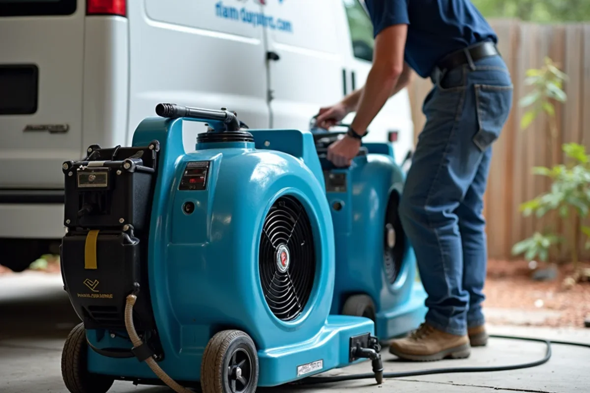 Commercial drying air movers and dehumidifiers drying wet subfloor after plumbing leak