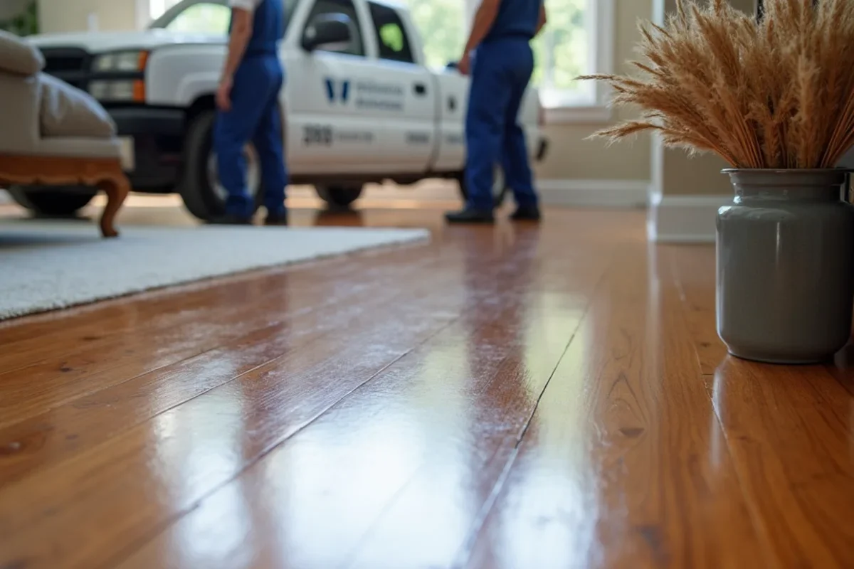 Seamlessly restored hardwood living room floor after emergency leak extraction and repair