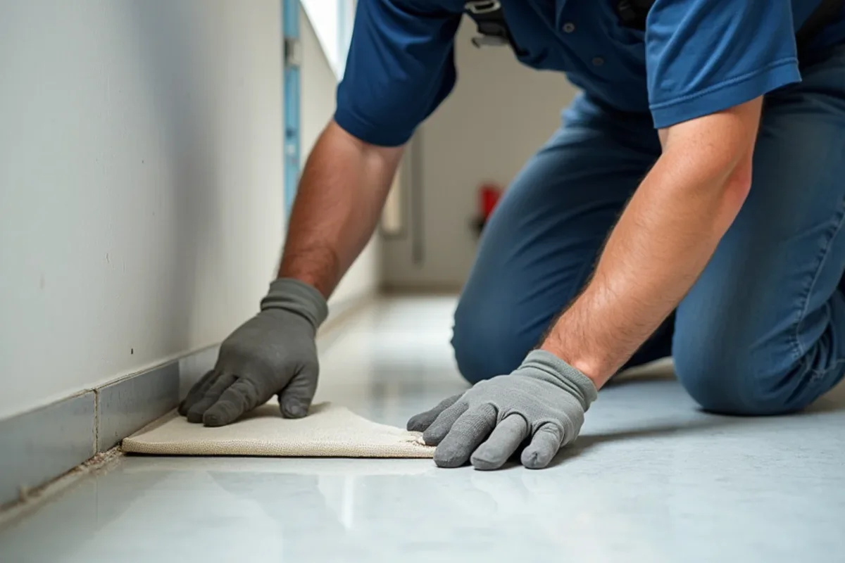 Hand-troweling seamless integral 4-inch epoxy cove base up drywall for health code sanitation