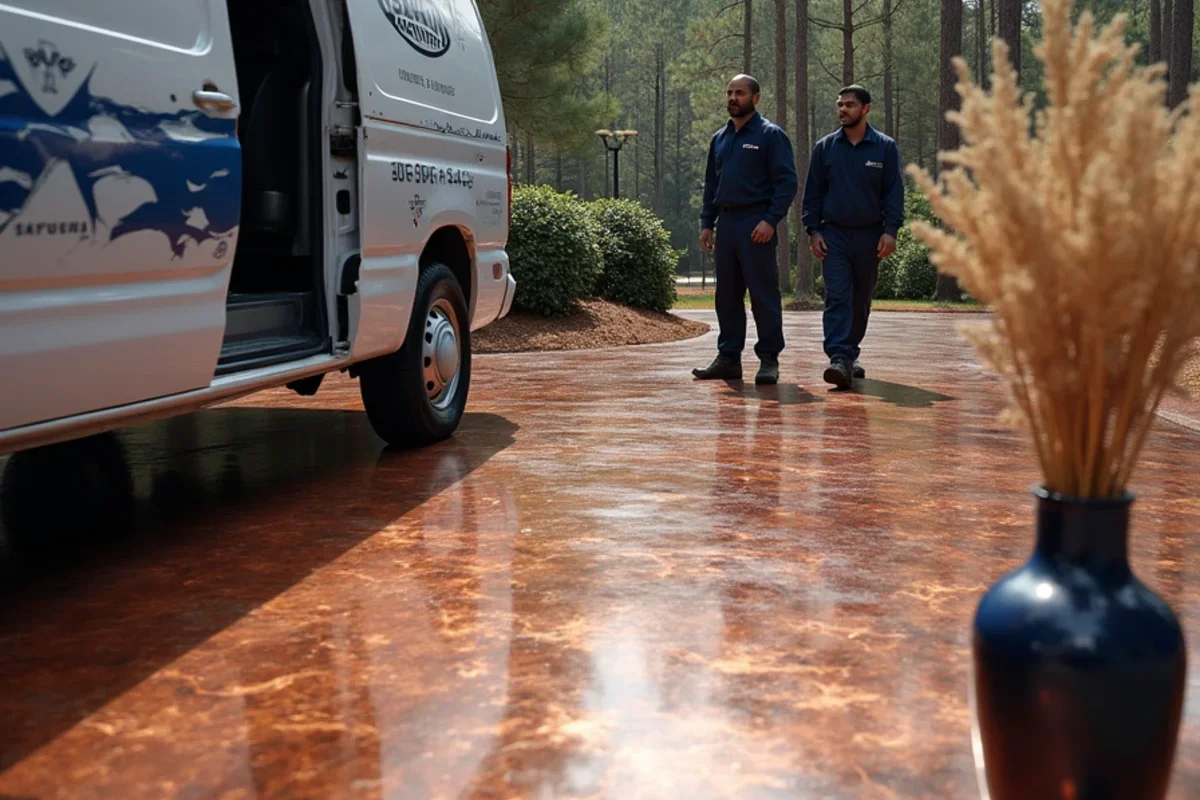 Completed copper and charcoal 3D metallic epoxy floor in a luxury Atlanta terrace level