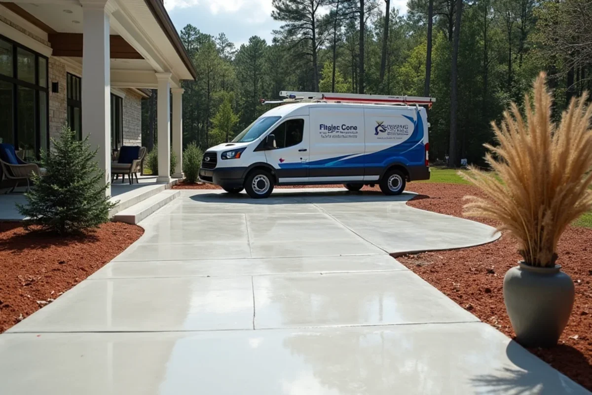 Outdoor patio concrete coated in UV stable polyaspartic finish overlooking Georgia backyard