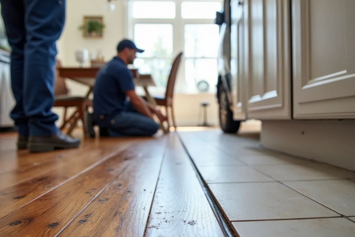 Seamless flush transition strip between hardwood living room and tile kitchen in Atlanta