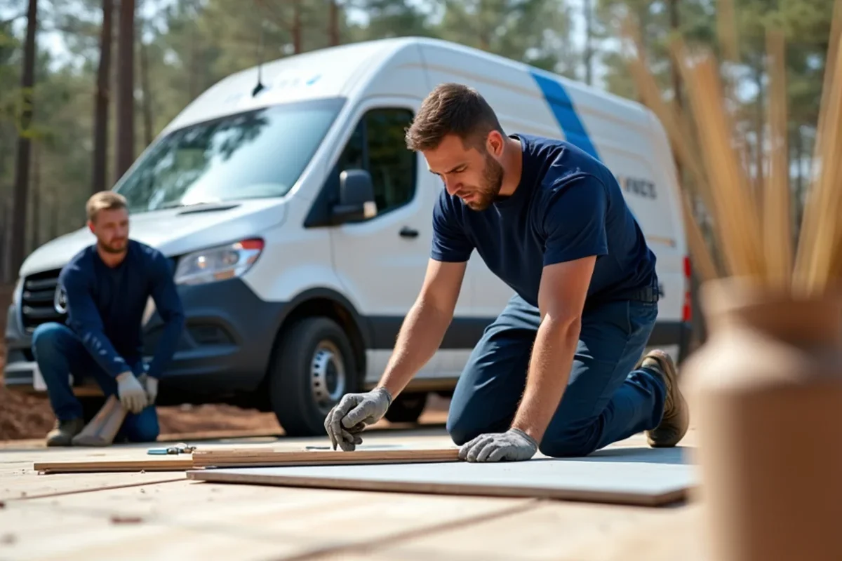 Skilled flooring installation crew in plain navy workwear laying flooring in an Atlanta residence