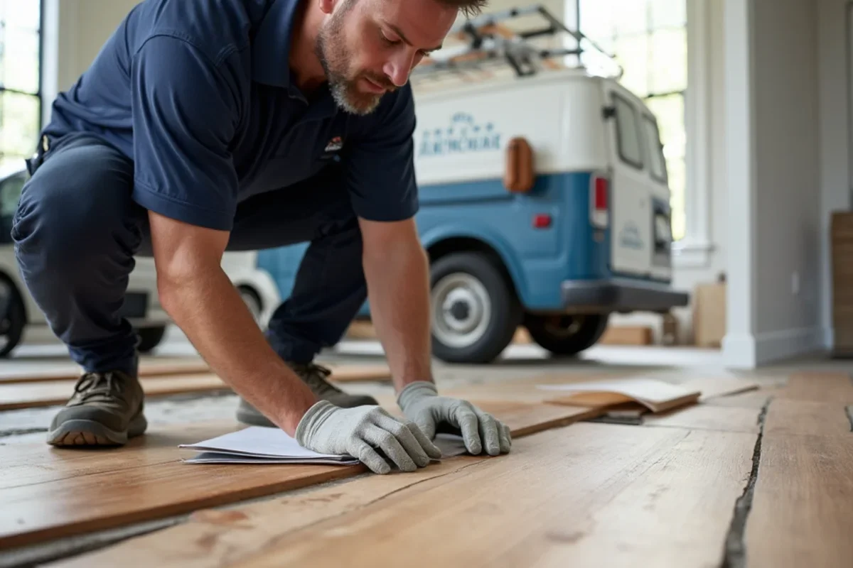 Master craftsmen completing seamless multi-room hardwood and designer tile installation in an Atlanta home
