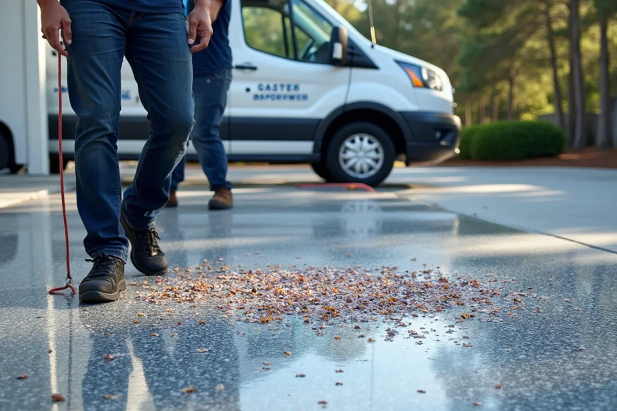 Broadcasting decorative vinyl color flakes to complete 100% rejection on garage floor base