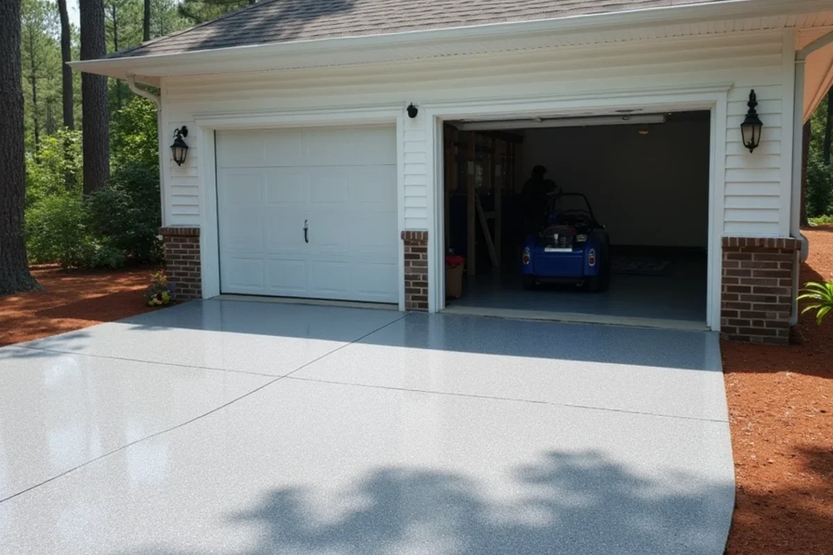 Completed spotless garage floor with gray flake blend and high gloss clear topcoat