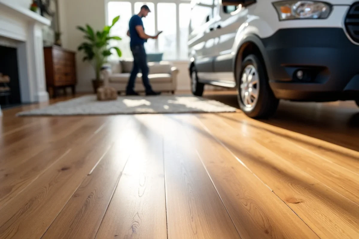 Finished wide-plank caramelized strand-woven bamboo floor in a light-filled Atlanta living room