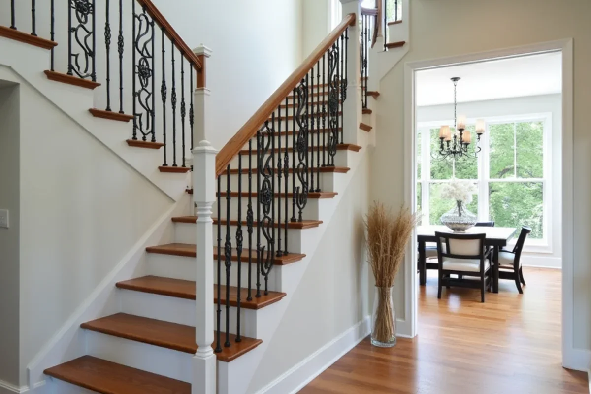 Completed hardwood staircase with stained oak treads, white risers, and wrought iron balusters