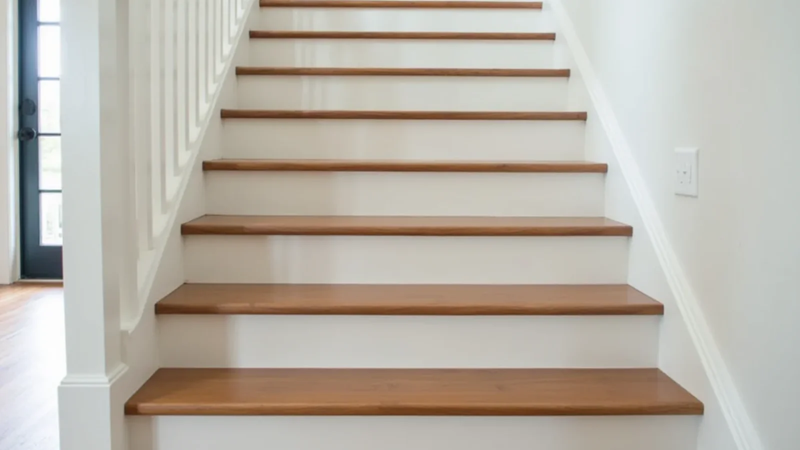 Solid oak hardwood stair treads and white risers custom installed in an Atlanta home