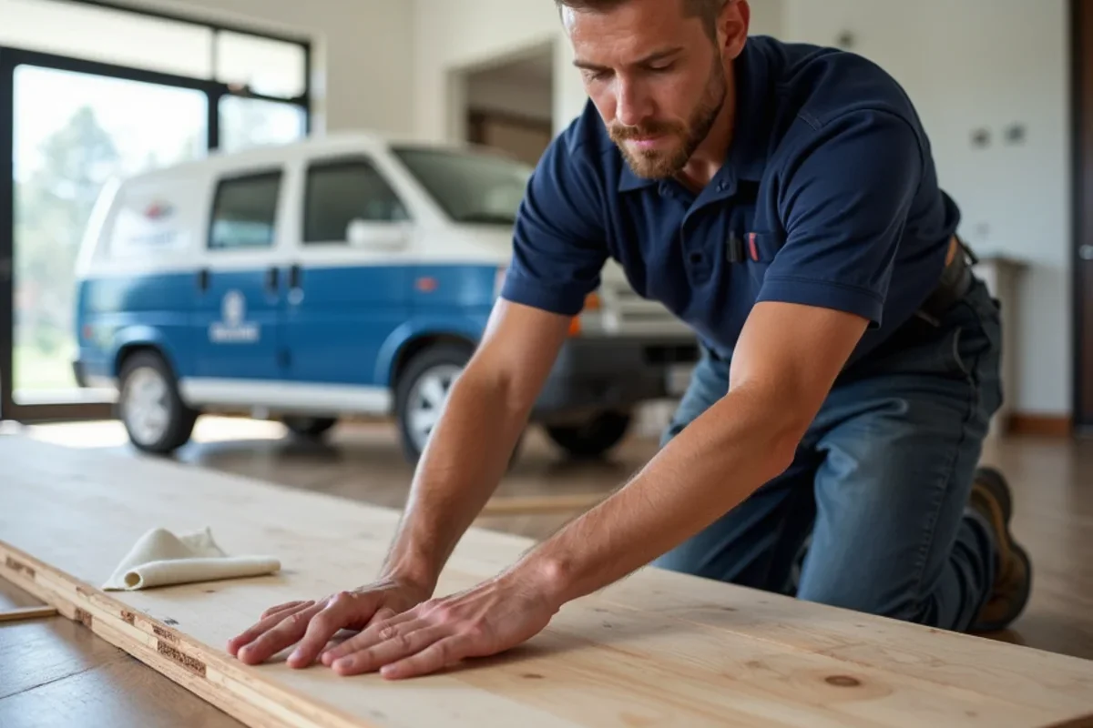 Installer checking moisture content of stacked hardwood flooring in an Atlanta living room