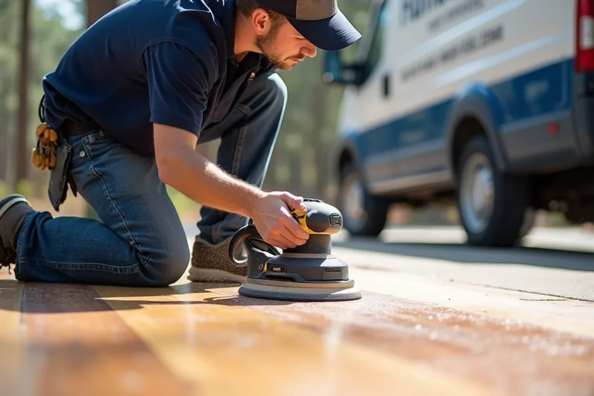 Dustless sanding pass on newly installed site-finished white oak hardwood in Atlanta
