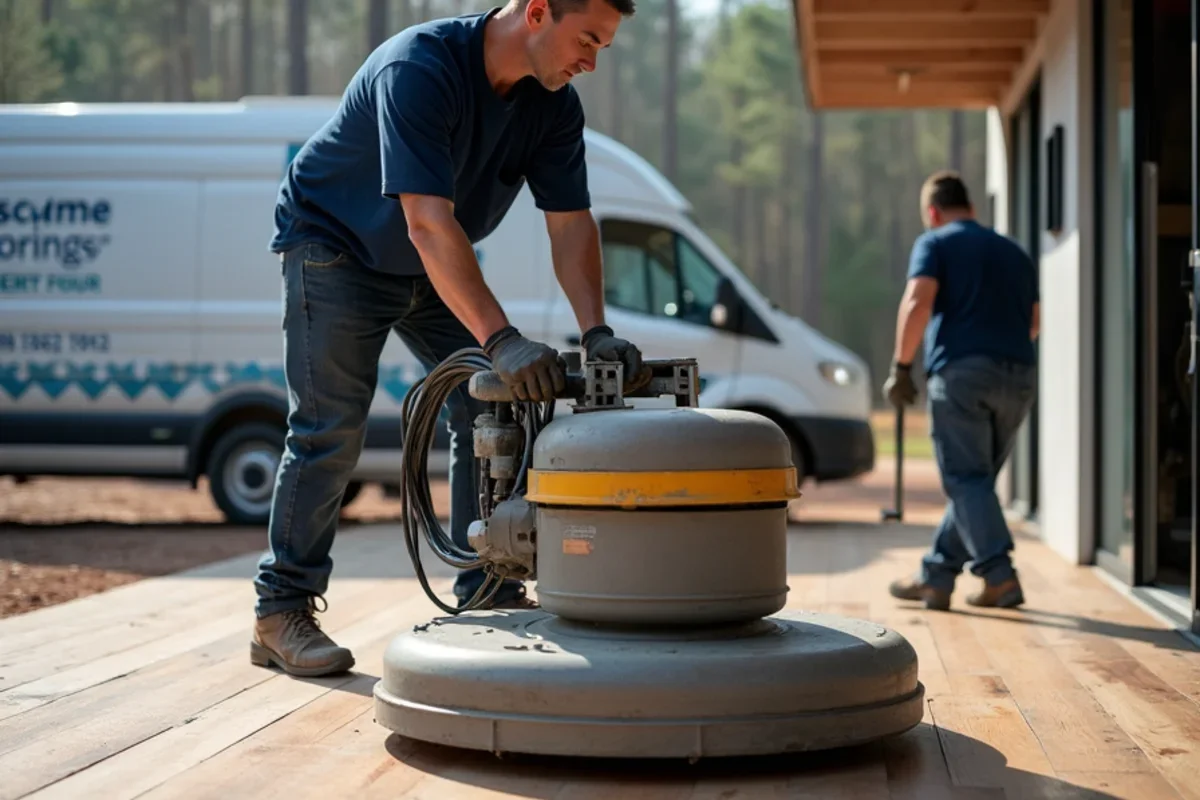Technician operating high-powered continuous-belt drum sander with HEPA vacuum dust recovery