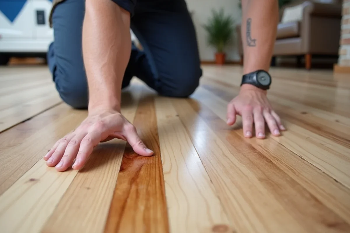 Custom stain color test swatches applied directly to sanded wood floor in an Atlanta home