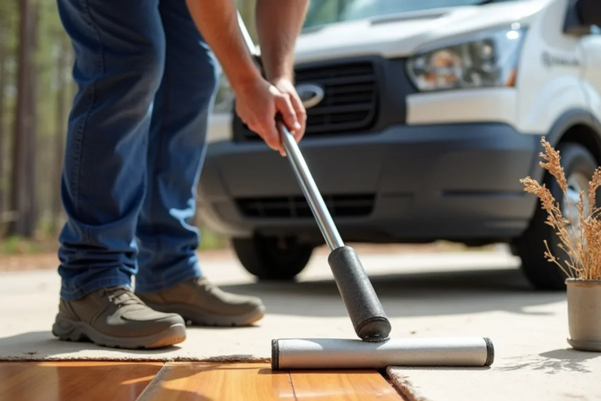 Applying commercial grade satin polyurethane topcoat with t-bar applicator on refinished hardwood