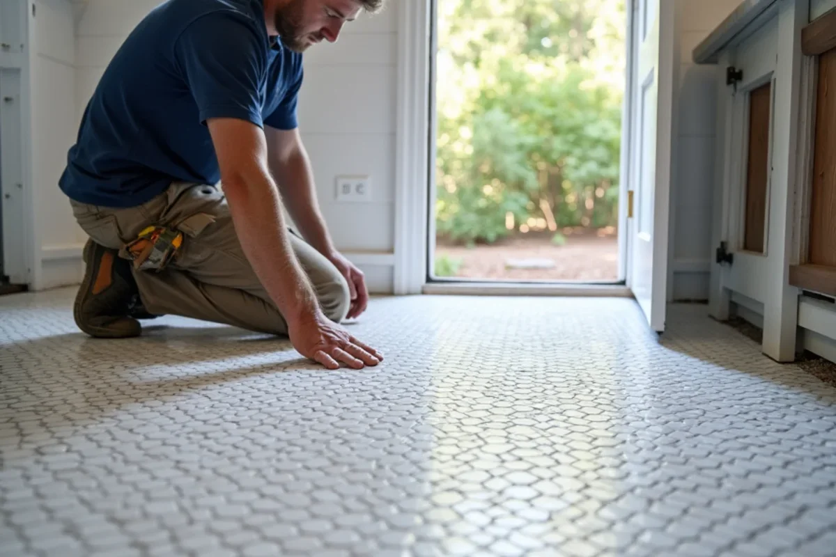 Custom porcelain hex mosaic floor tile installed over crack-isolation membrane in a College Park GA historic craftsman renovation