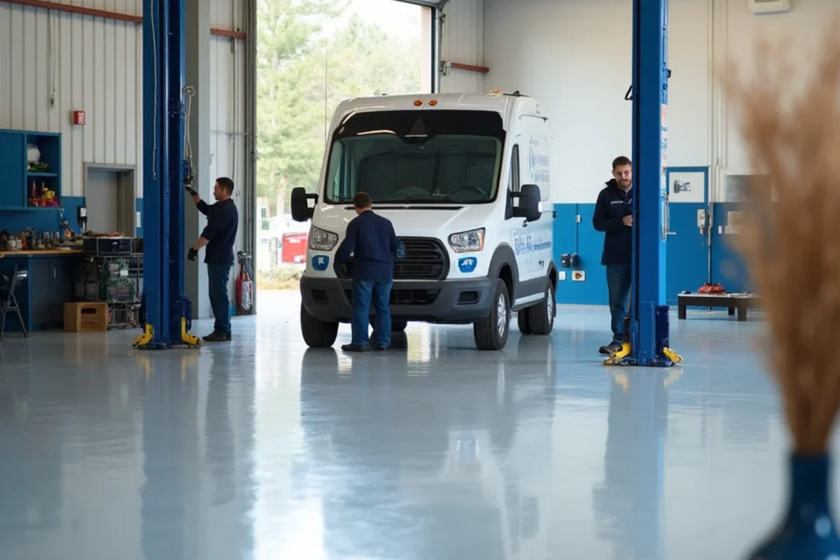 Completed commercial industrial floor coating in an automotive shop in Forest Park
