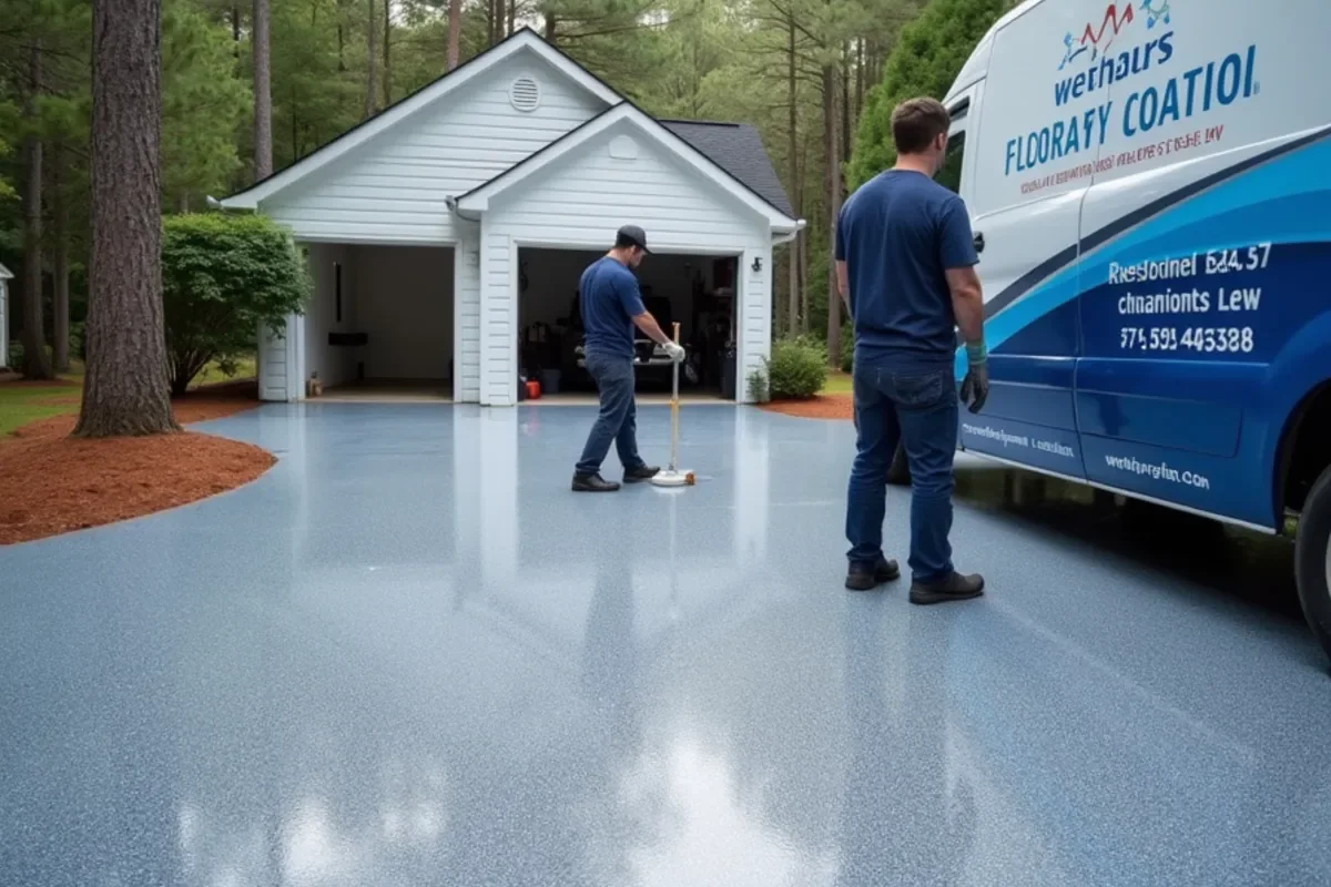 Commercial flake epoxy garage floor in a Mableton home near Silver Comet Trail