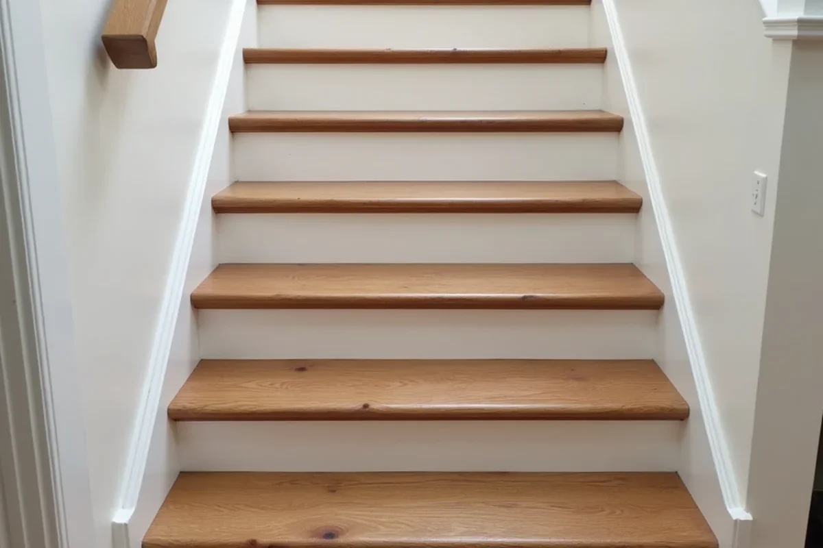 Custom solid red oak stair treads and painted white risers installed in a multi-level Smyrna GA townhome