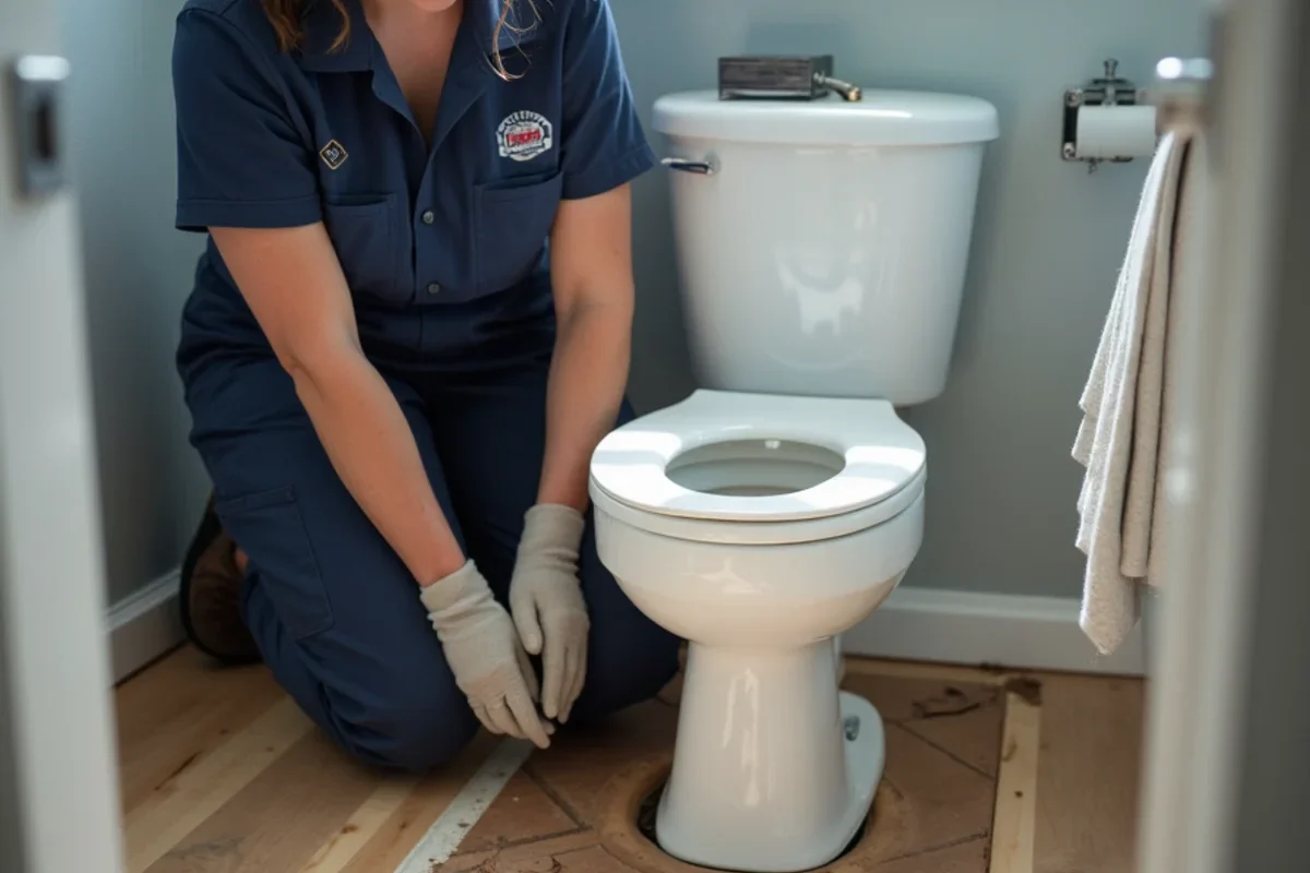Repairing rotted plywood subfloor around toilet flange before new bathroom tile installation