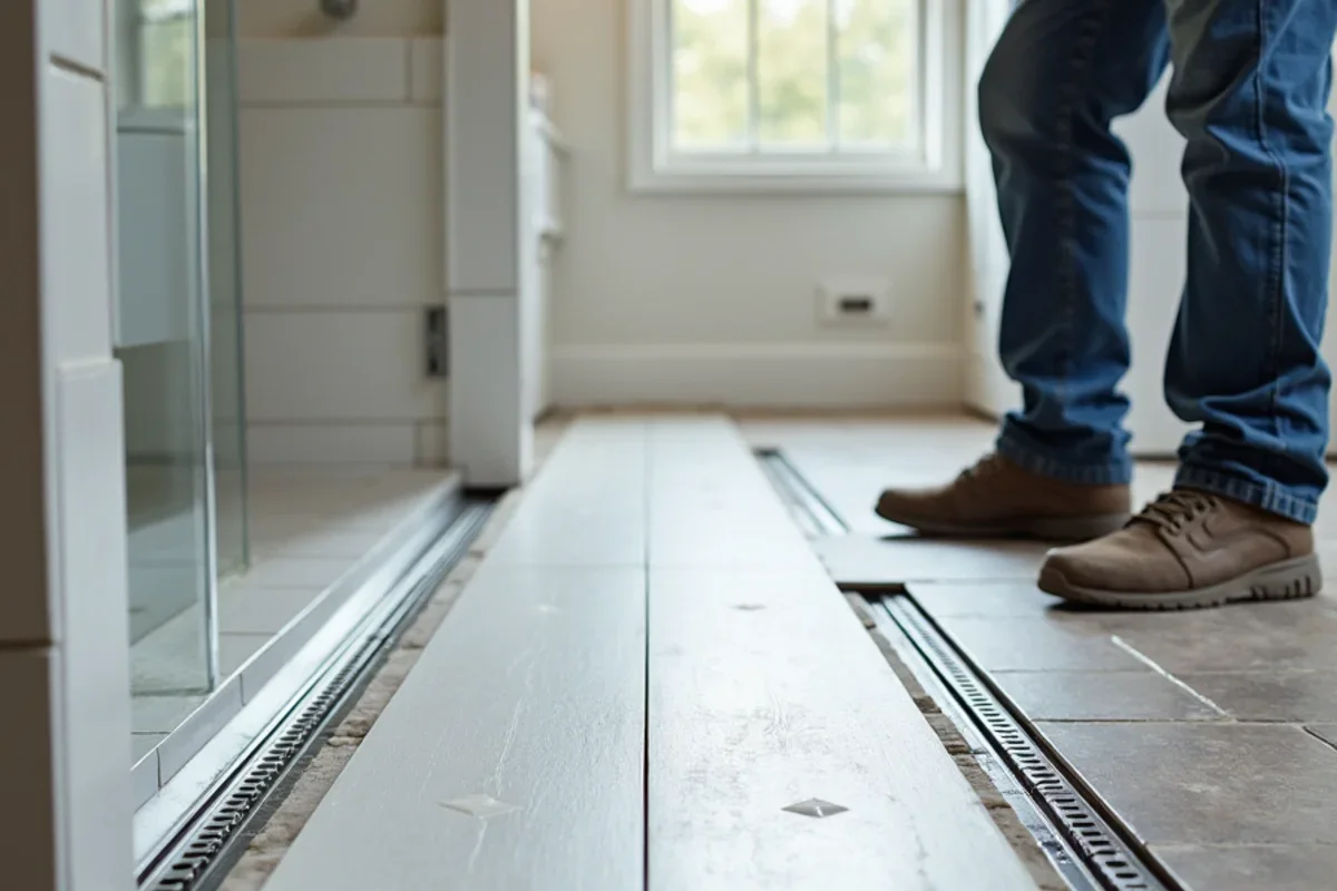 Flawless flush curbless shower to bathroom floor tile transition with linear drain in an Atlanta home