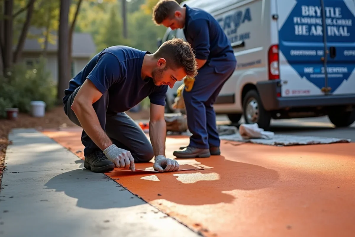 Installing orange uncoupling crack-isolation membrane over concrete slab in Atlanta