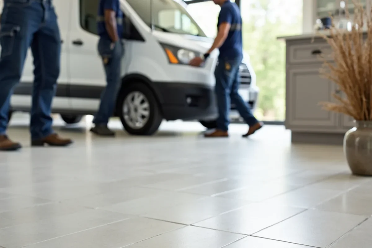 Completed modern porcelain floor tile with thin grout lines in an Atlanta open kitchen
